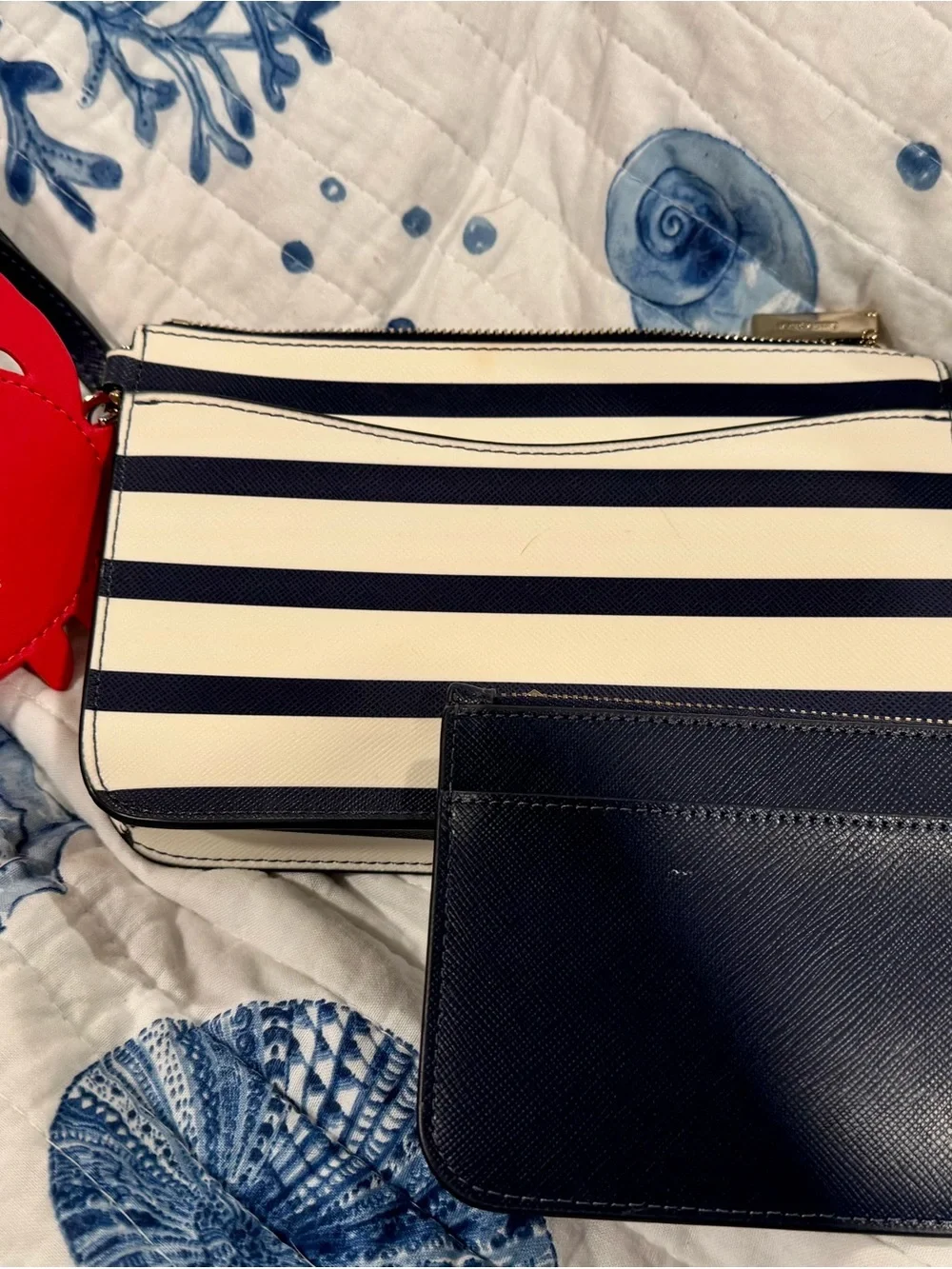 kate spade Red Crab Coin Pouch with Navy & White Stripe Wristlet